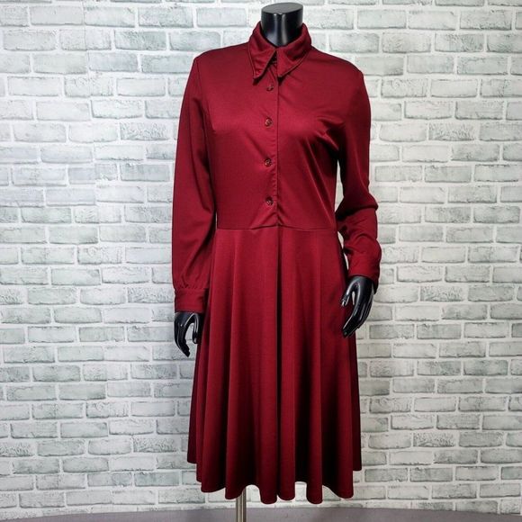 Vintage 70s Jan Sue Calif Womens‎ M Burgundy Polyester L/S Disco Shirt Dress - Picture 1 of 8